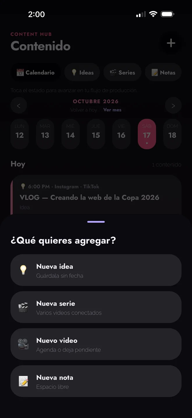 Menú para agregar idea, serie, video o nota